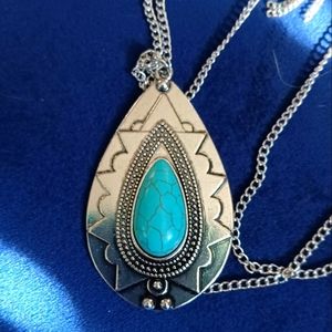 Turquoise & Silver Look Long Necklace 36" Chain